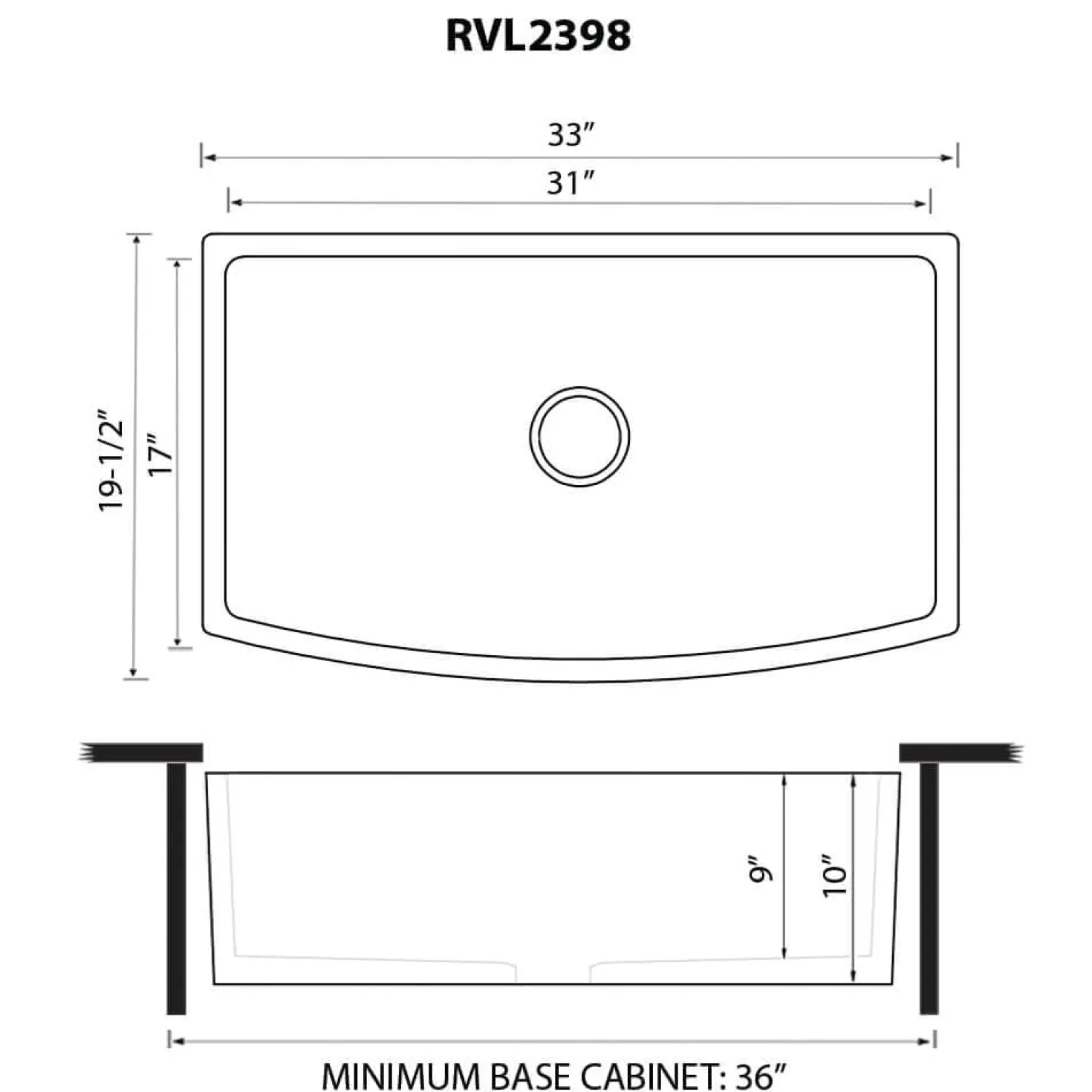 Ruvati 33" Black Fireclay Bow-Front Farmhouse Kitchen Sink