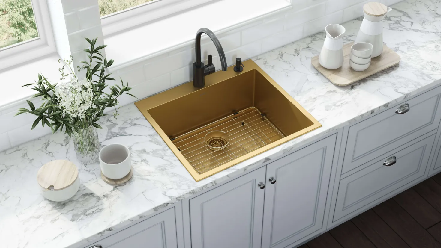 Ruvati 25" Brass Matte Gold Single Bowl Topmount Kitchen Sink