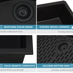 Ruvati 27" Composite Undermount Single Bowl Kitchen Sink in Midnight Black
