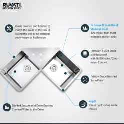 Ruvati 44" Corner Butterfly Undermount 16 Gauge Double Bowl Kitchen Sink