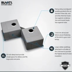 Ruvati 44" Corner Butterfly Undermount 16 Gauge Double Bowl Kitchen Sink