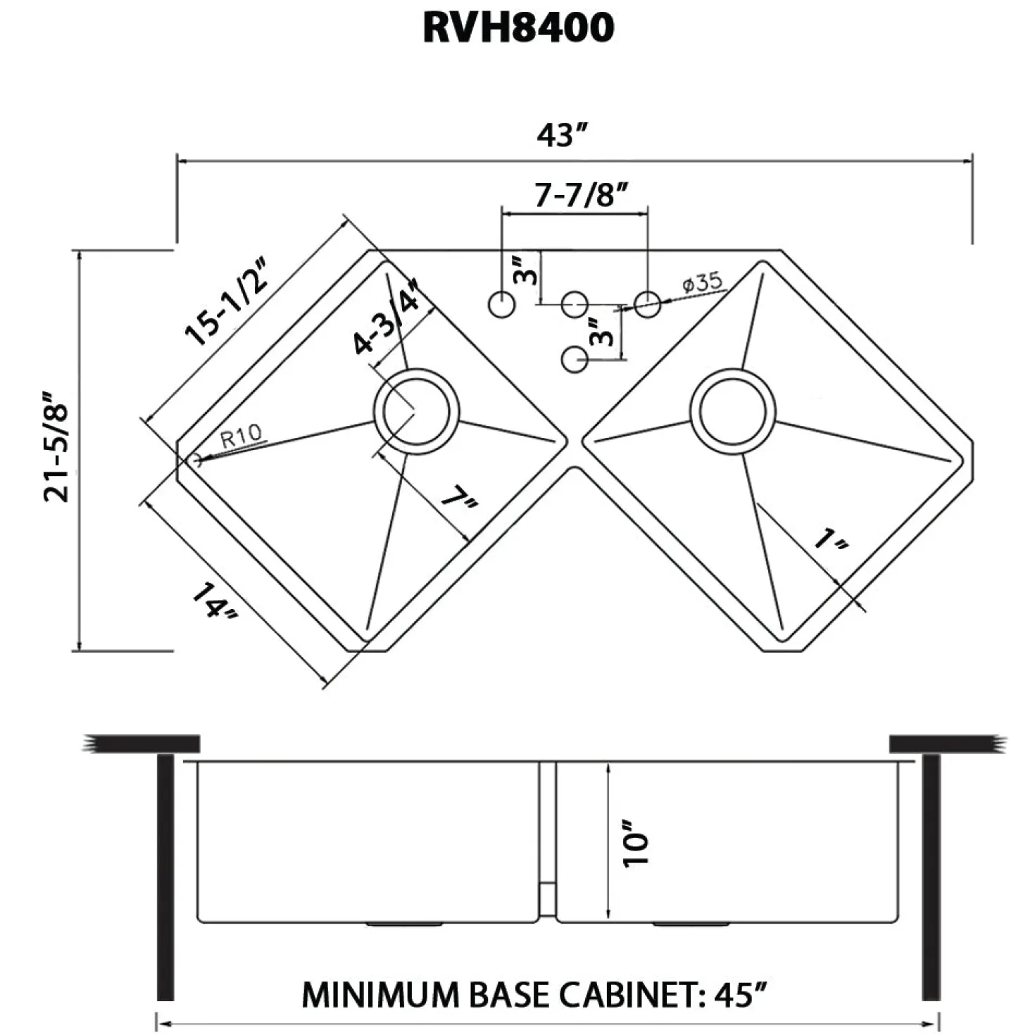 Ruvati 44" Corner Butterfly Undermount 16 Gauge Double Bowl Kitchen Sink