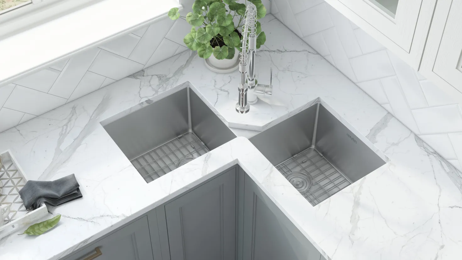 Ruvati 44" Corner Butterfly Undermount 16 Gauge Double Bowl Kitchen Sink