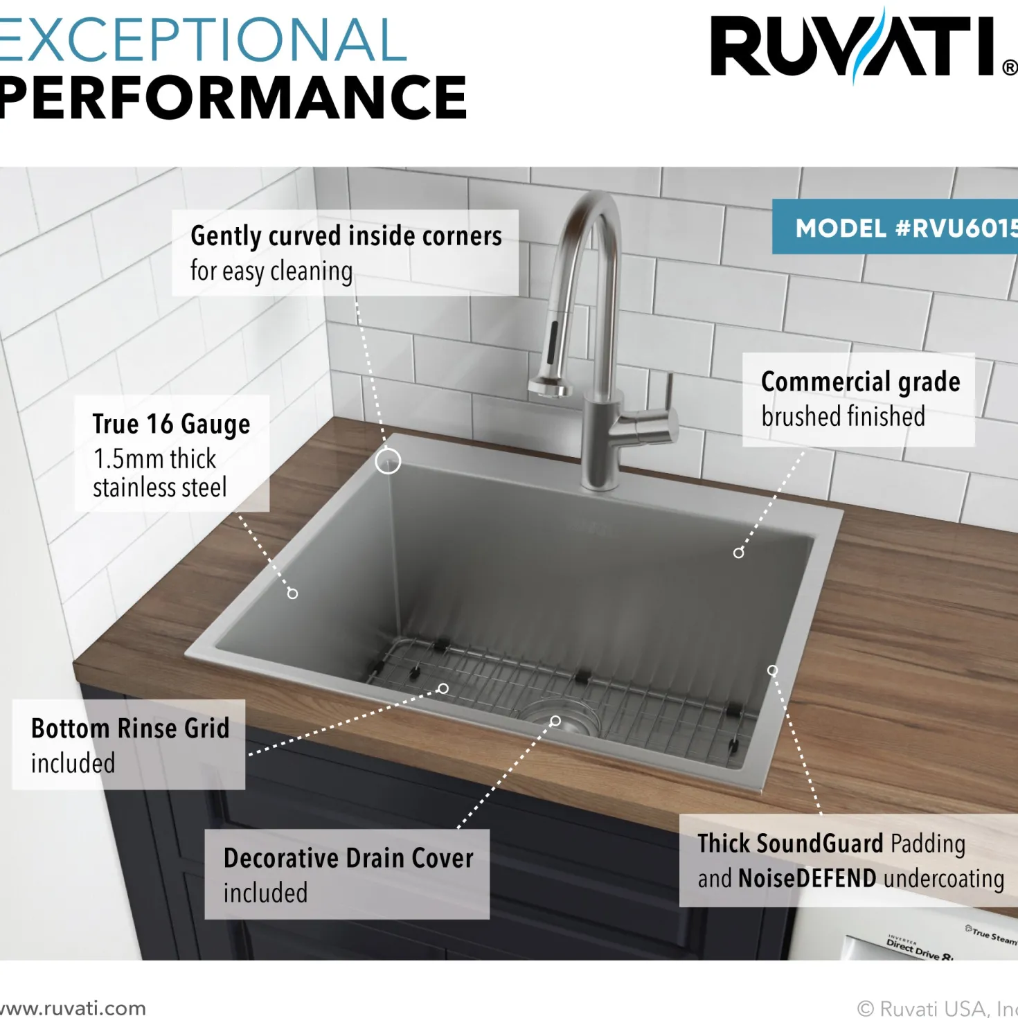 Ruvati 12" Deep Small Radius Topmount 25" x 22" Laundry Sink