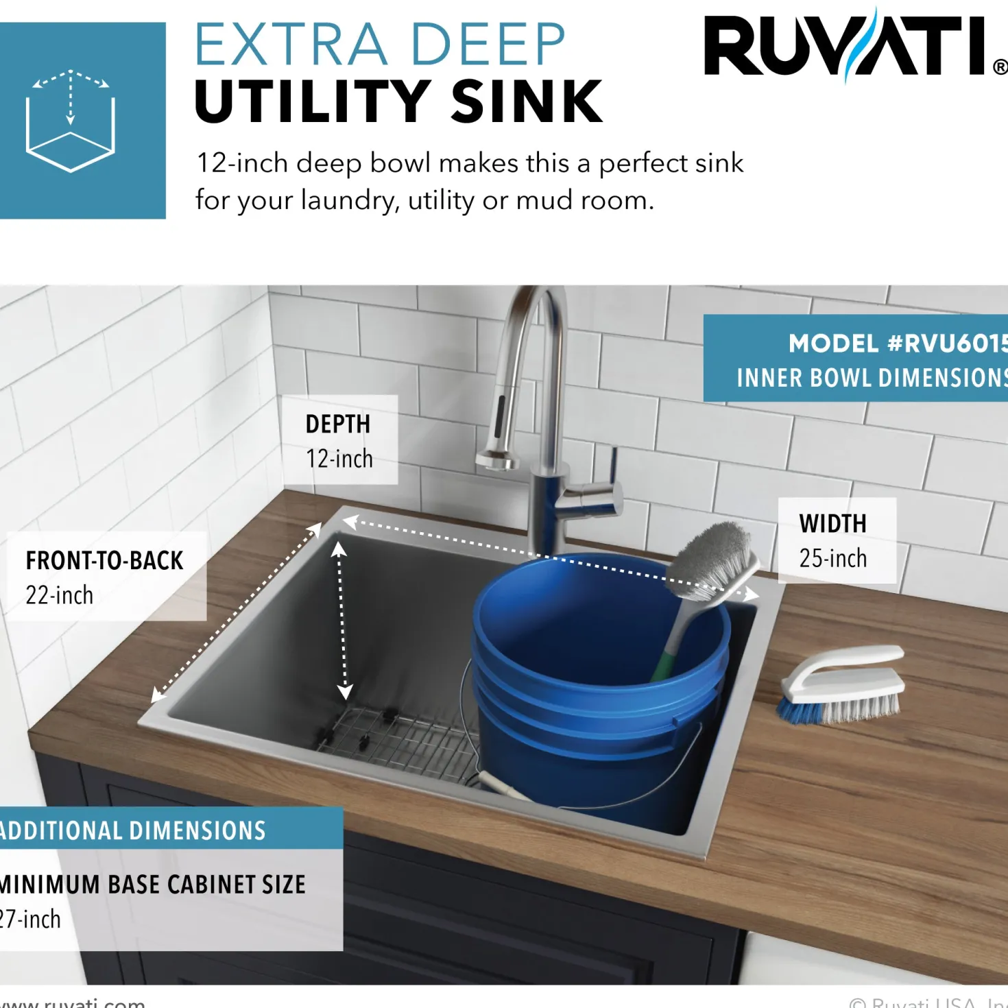 Ruvati 12" Deep Small Radius Topmount 25" x 22" Laundry Sink