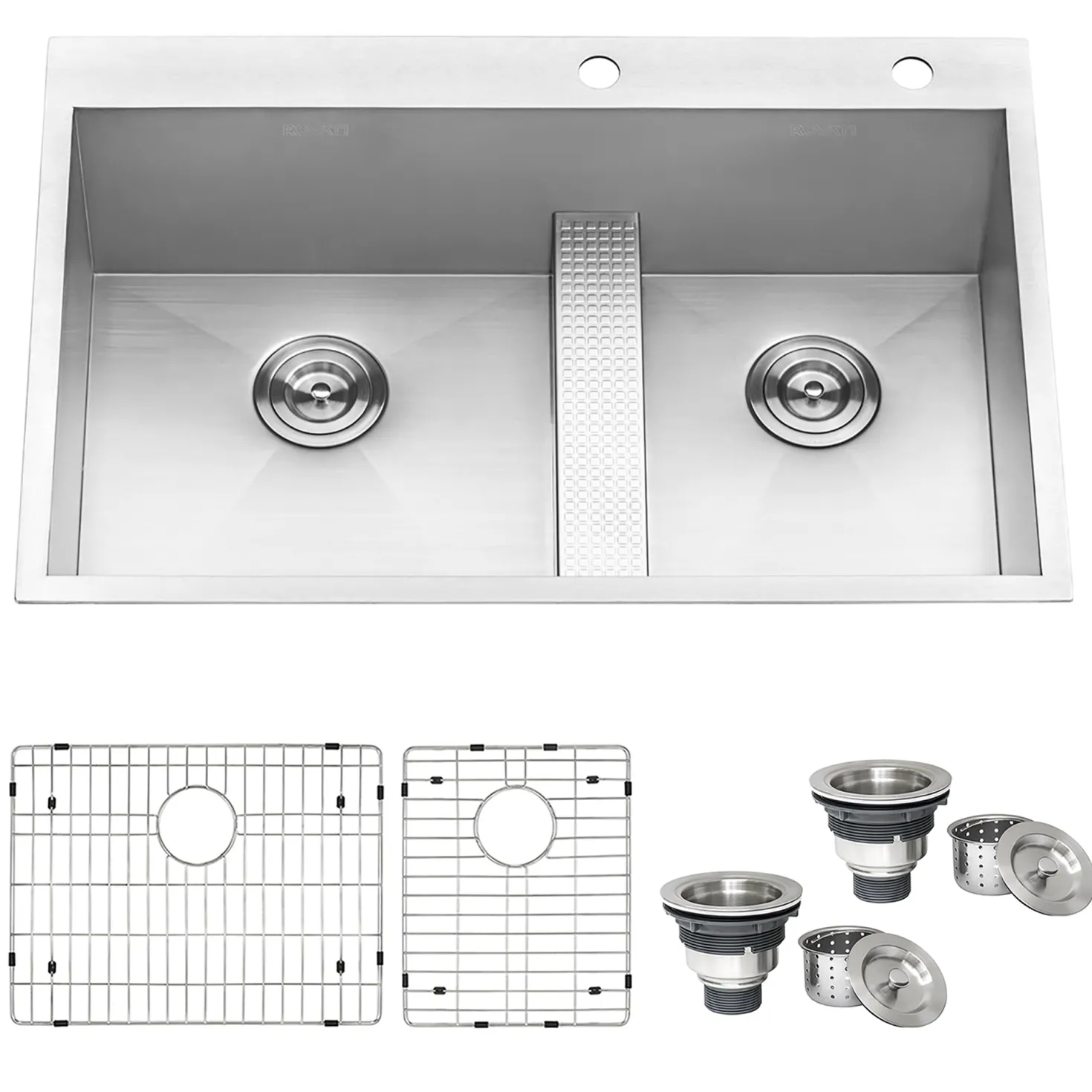 Ruvati 33" Drop-in Low Platform-Divide Zero Radius 60/40 Double Bowl 16 Gauge Topmount Kitchen Sink