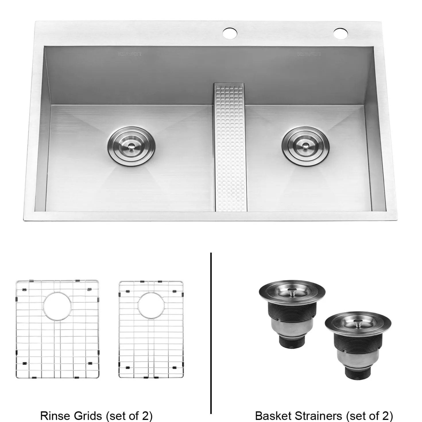 Ruvati 33" Drop-in Low Platform-Divide Zero Radius 60/40 Double Bowl 16 Gauge Topmount Kitchen Sink