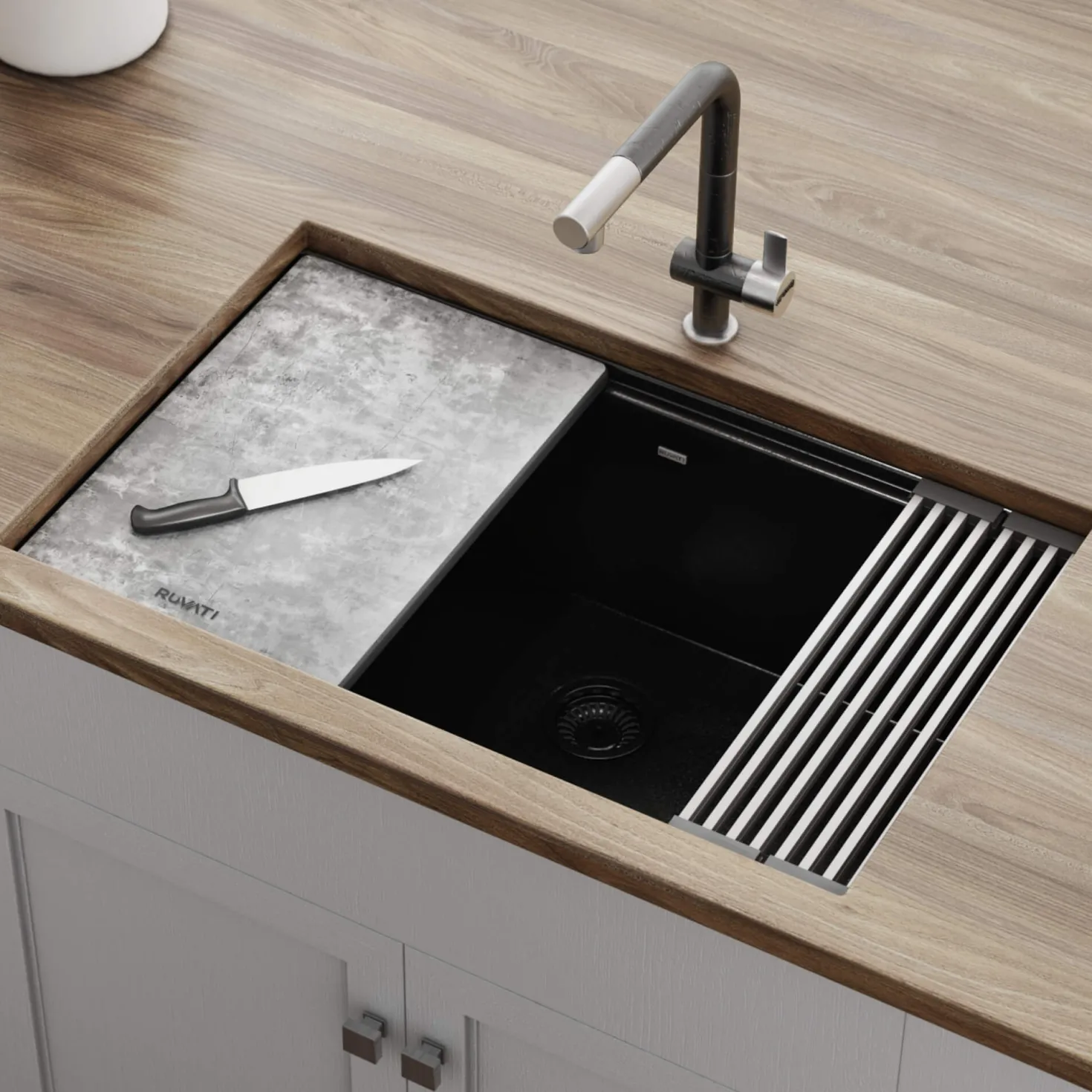 Ruvati 30" Dual Mount Composite Workstation Kitchen Sink in Black