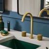 Ruvati Fabio Two Handle Widespread Textured Knob Arc Round Neck Bathroom Faucet in Brushed Gold - RVF5238SG