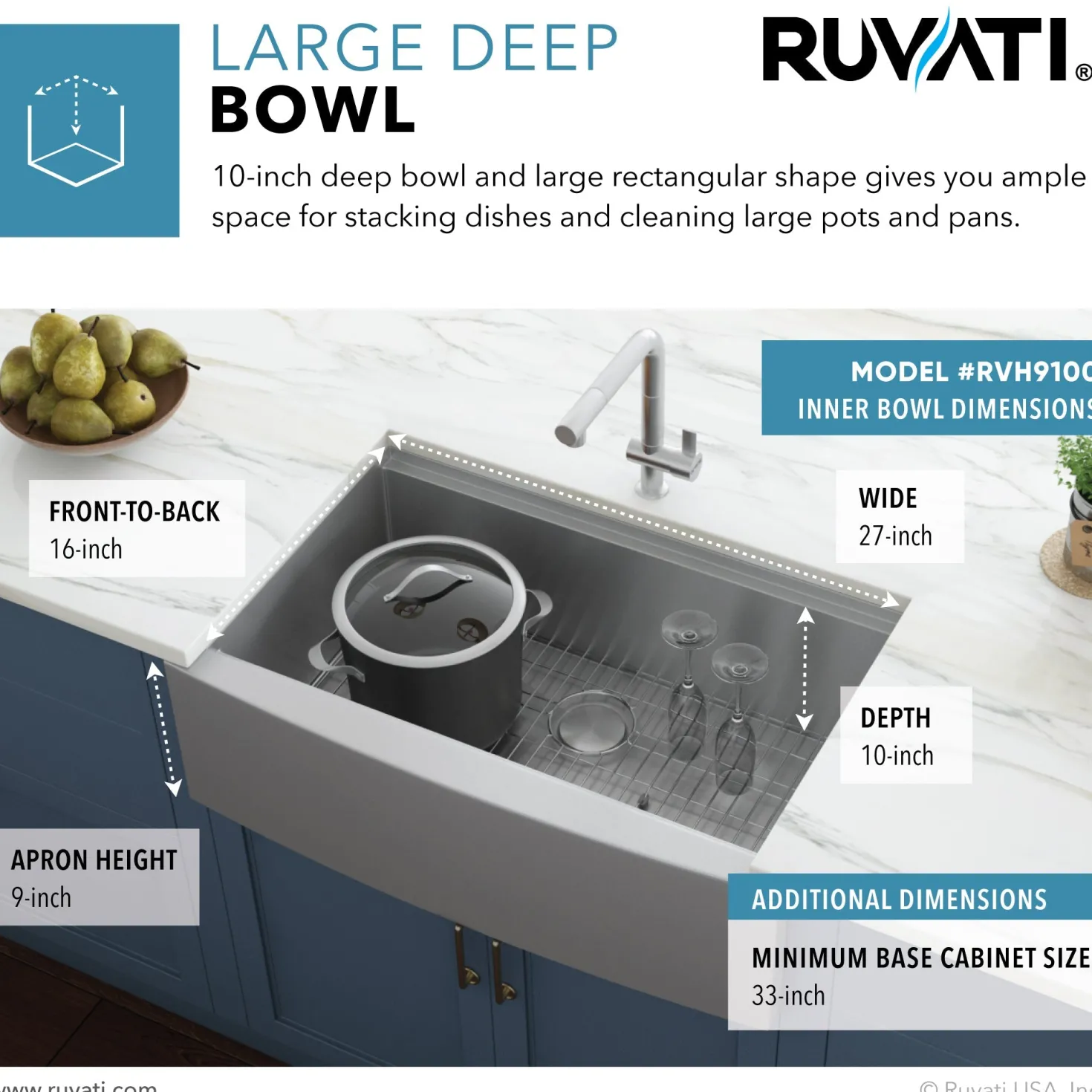 Ruvati 36" Farmhouse Single Bowl Stainless Workstation Kitchen Sink