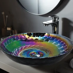Ruvati 16" Glass Art Vessel Circle Decorative Pattern Bathroom Sink - Cosmic Black
