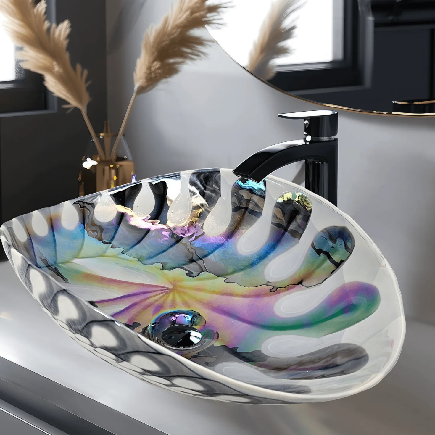 Ruvati 19" Glass Art Vessel Seashell Decorative Pattern Bathroom Sink - Spira Luxe Pearl White