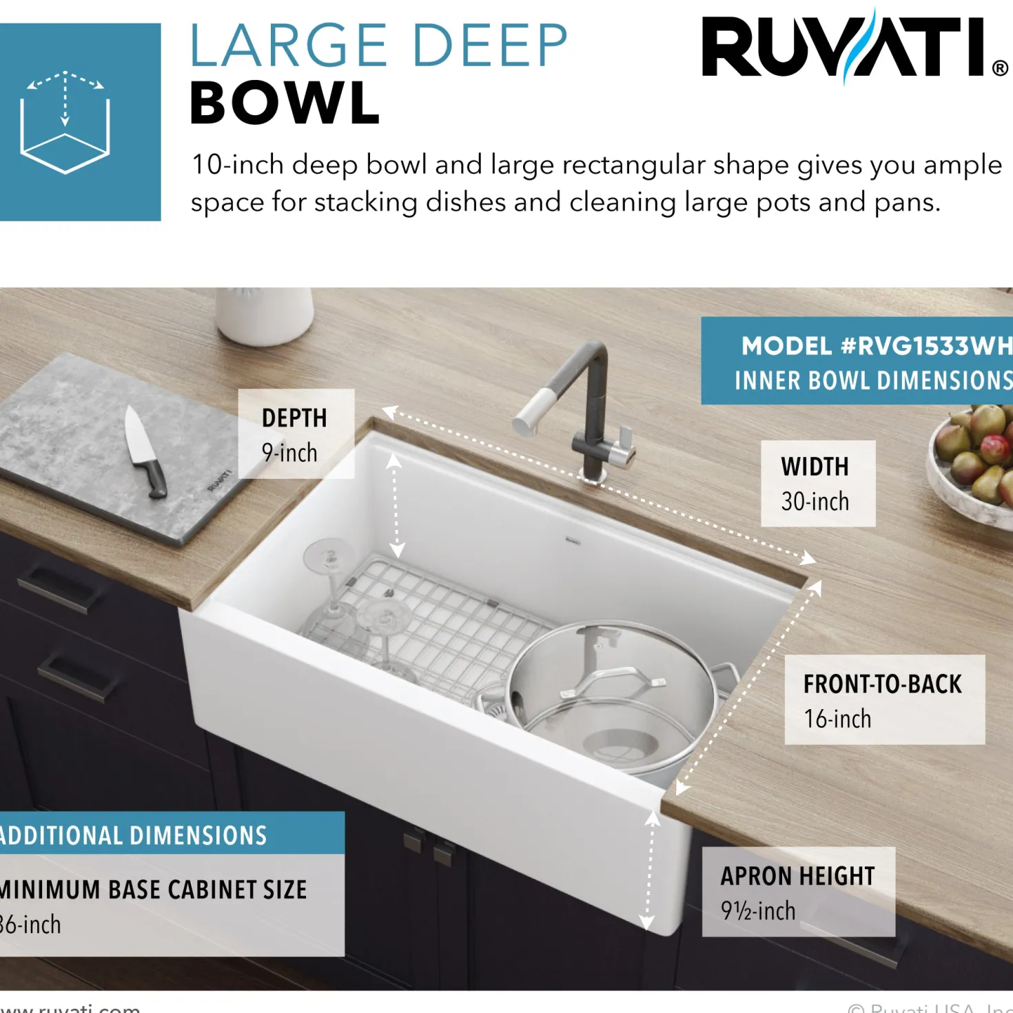 Ruvati 33" Granite Composite Farmhouse Workstation Apron Front Kitchen Sink
