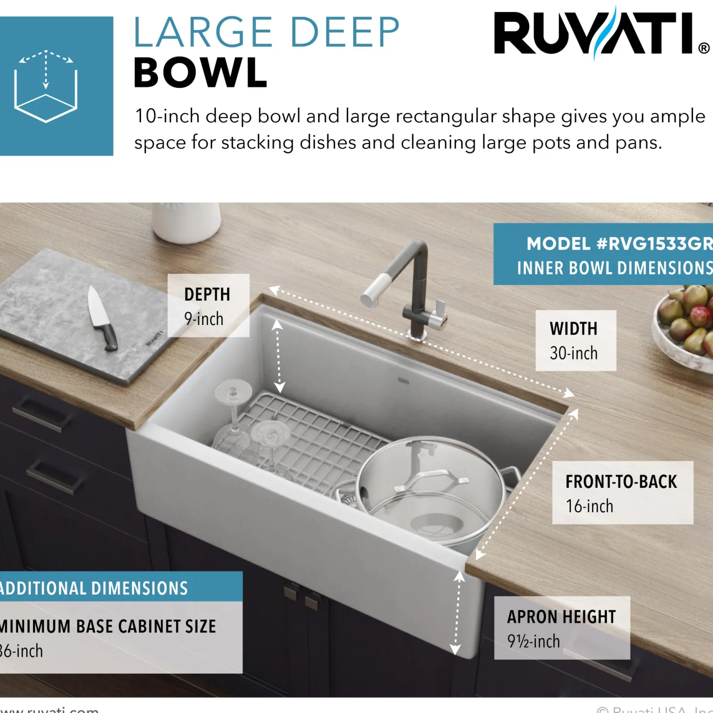 Ruvati 33" Granite Composite Farmhouse Workstation Apron Front Kitchen Sink