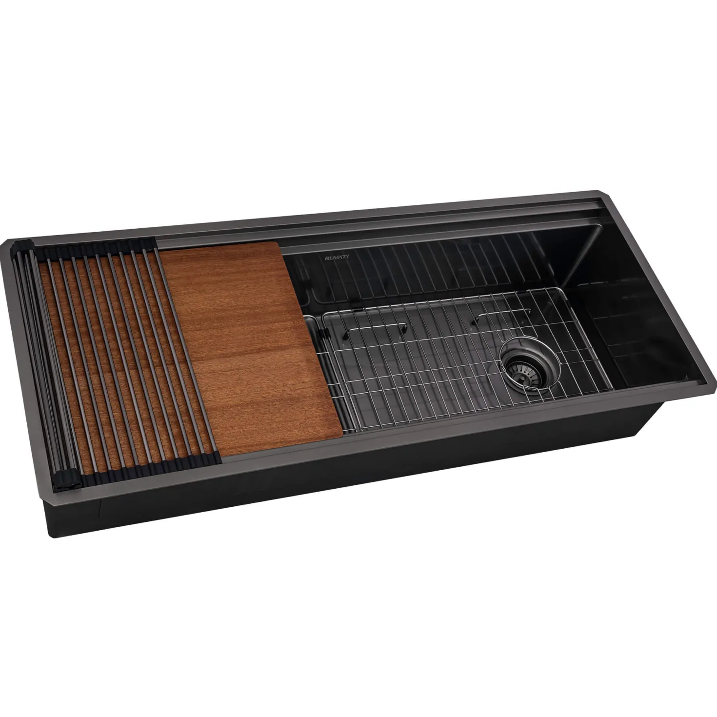 Ruvati 45" Gunmetal Stainless Steel Workstation Two-Tiered Ledge Undermount Kitchen Sink