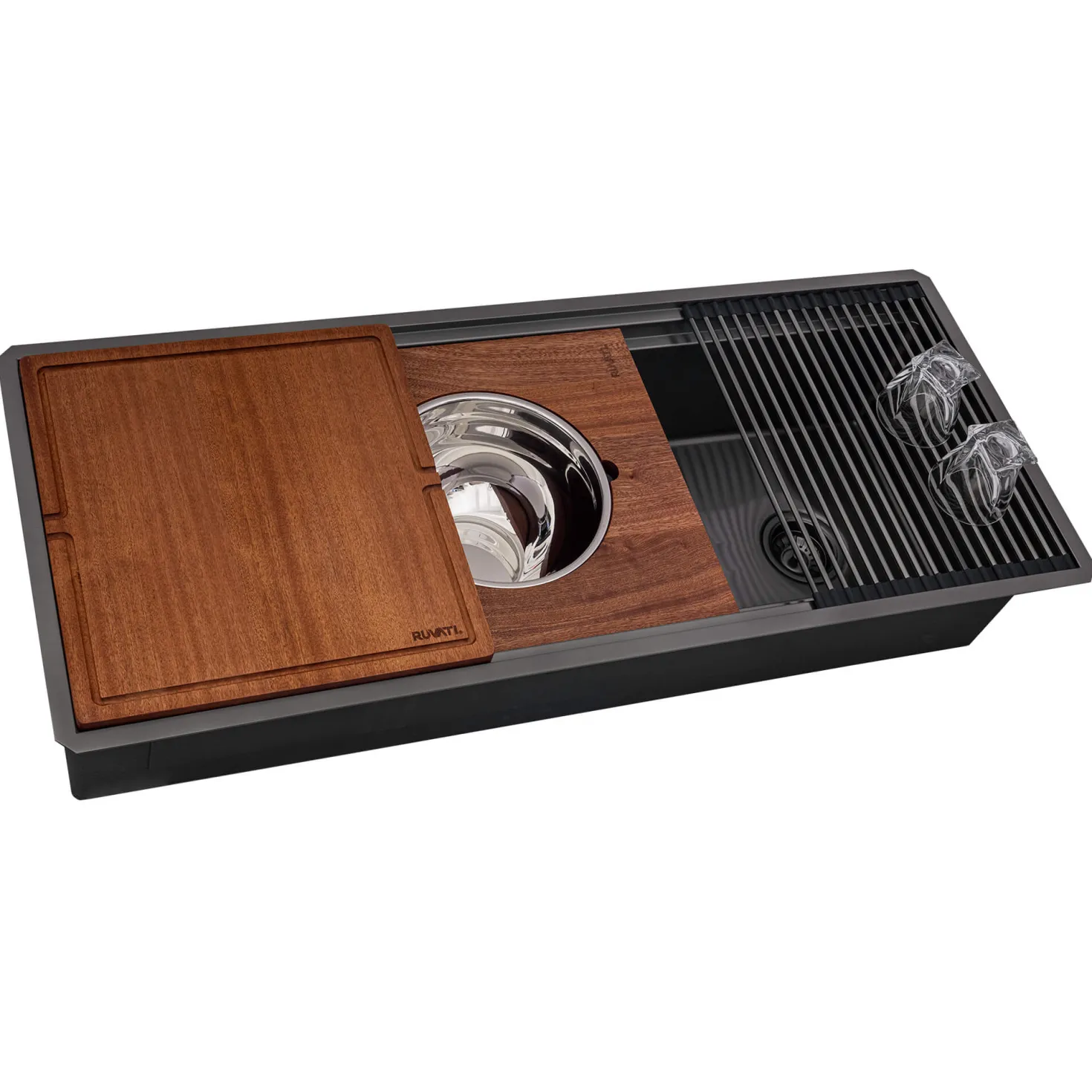 Ruvati 45" Gunmetal Stainless Steel Workstation Two-Tiered Ledge Undermount Kitchen Sink