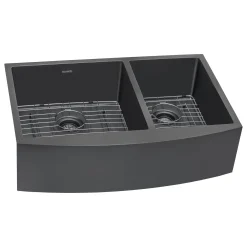 Ruvati 33" Gunmetal Stainless Steel 60/40 Double Bowl Apron Front Farmhouse Kitchen Sink