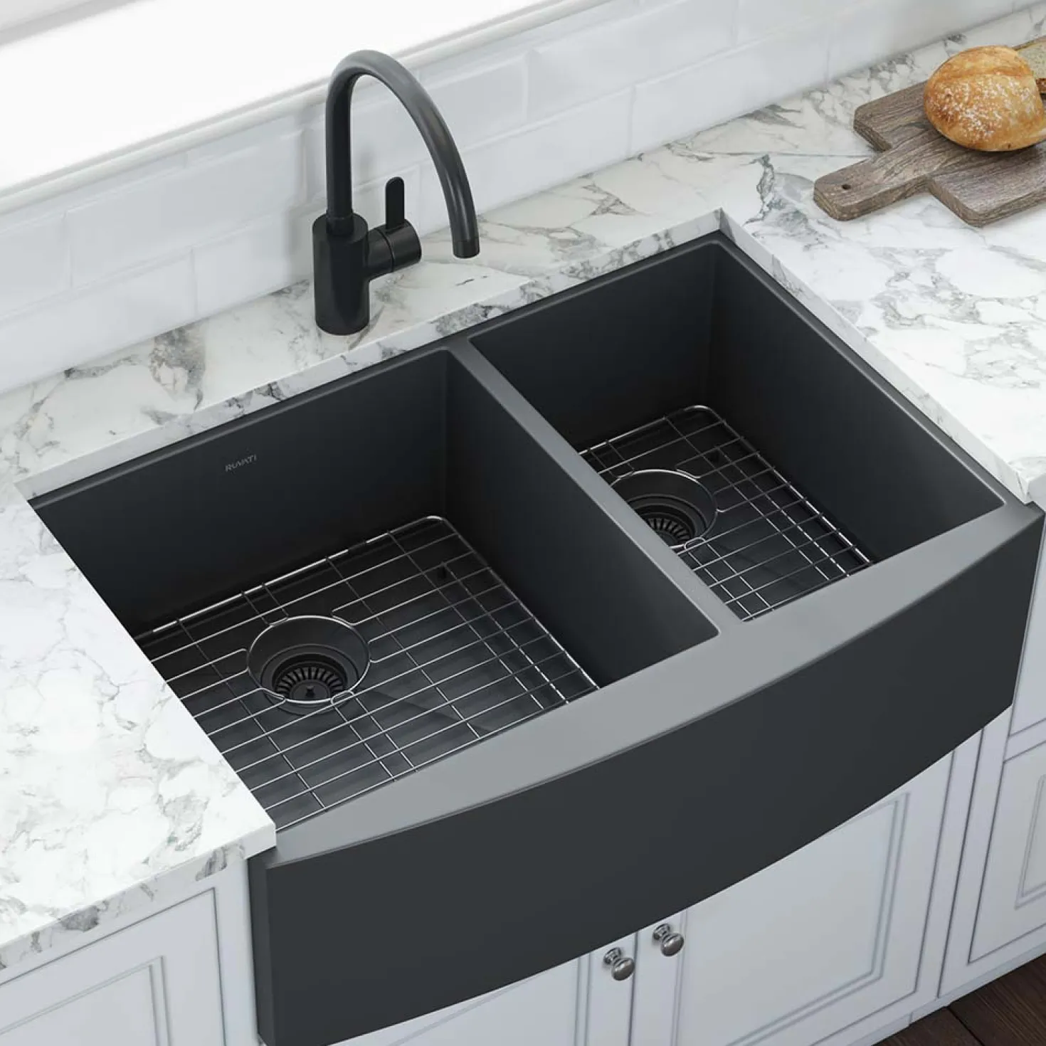 Ruvati 33" Gunmetal Stainless Steel 60/40 Double Bowl Apron Front Farmhouse Kitchen Sink