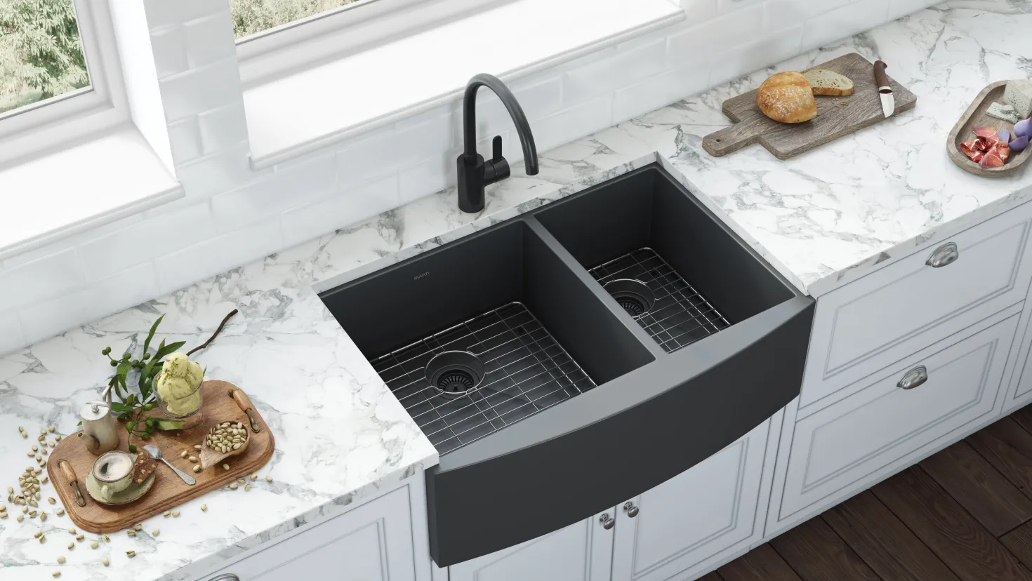 Ruvati 33" Gunmetal Stainless Steel 60/40 Double Bowl Apron Front Farmhouse Kitchen Sink