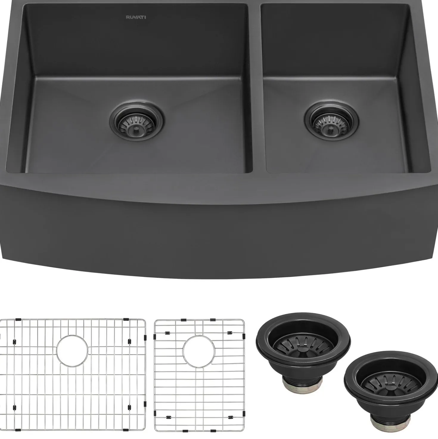 Ruvati 33" Gunmetal Stainless Steel 60/40 Double Bowl Apron Front Farmhouse Kitchen Sink