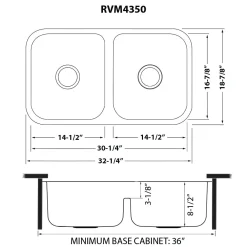 Ruvati 32" Low-Divide 50/50 Double Bowl Undermount 16 Gauge Stainless Steel Kitchen Sink