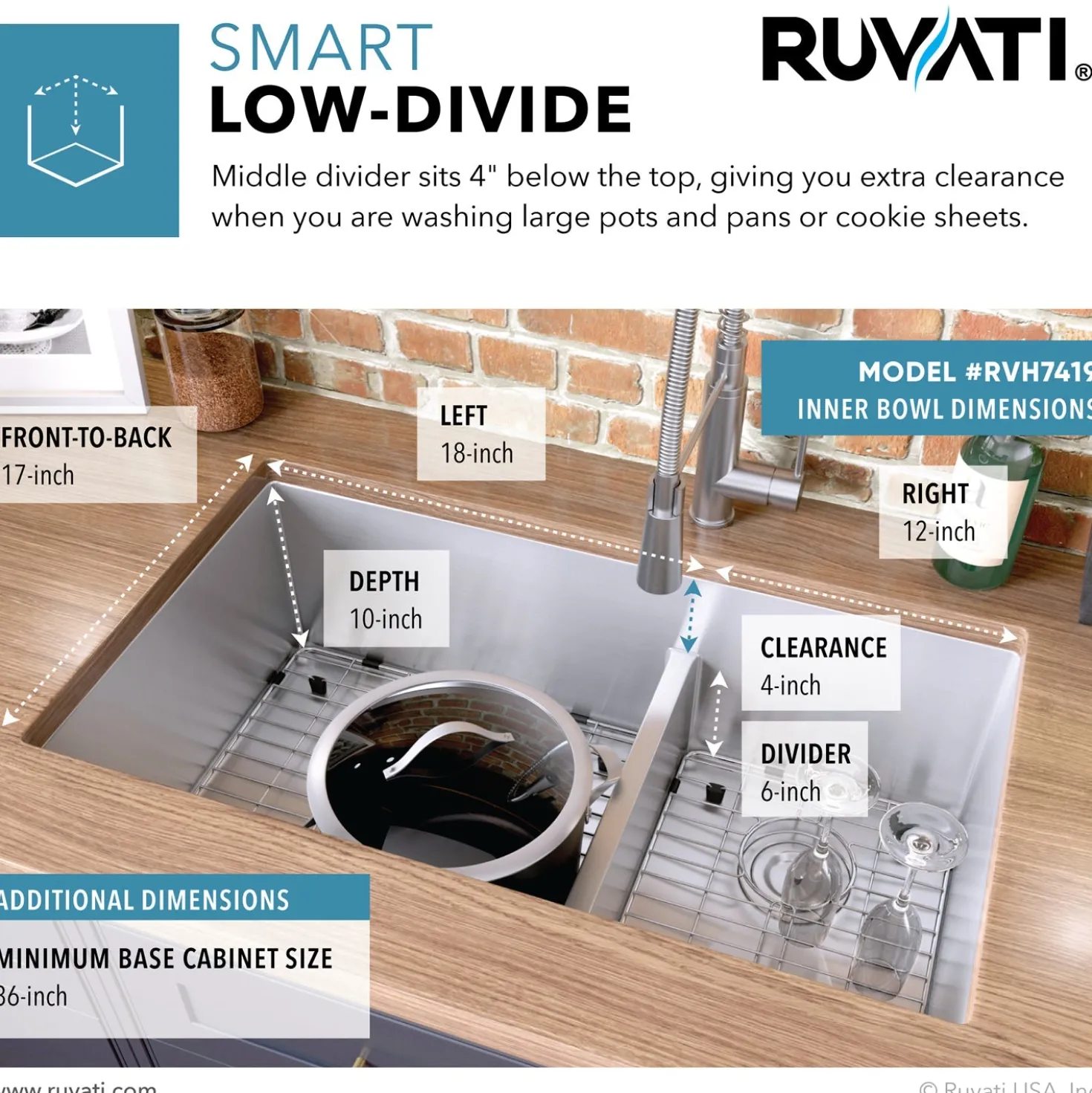 Ruvati Low-Divide Undermount Tight Radius 60/40 Double Bowl 16 Gauge Stainless Steel Kitchen Sink