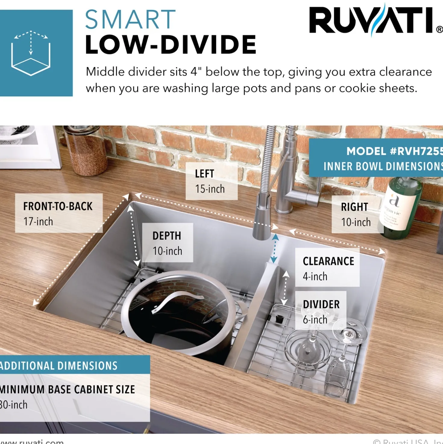 Ruvati Low-Divide Undermount Tight Radius 60/40 Double Bowl 16 Gauge Stainless Steel Kitchen Sink