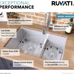 Ruvati Low-Divide Undermount Tight Radius 60/40 Double Bowl 16 Gauge Stainless Steel Kitchen Sink