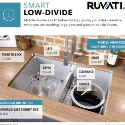 Ruvati Low-Divide Undermount Tight Radius 50/50 Double Bowl 16 Gauge Stainless Steel Kitchen Sink
