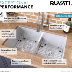 Ruvati Low-Divide Undermount Tight Radius 50/50 Double Bowl 16 Gauge Stainless Steel Kitchen Sink