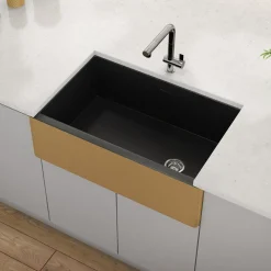 Ruvati 30" Matte Black Fireclay Farmhouse Kitchen Sink with Brushed Gold Apron