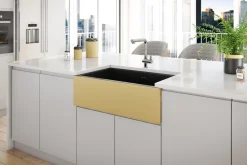 Ruvati 30" Matte Black Fireclay Farmhouse Kitchen Sink with Brushed Gold Apron