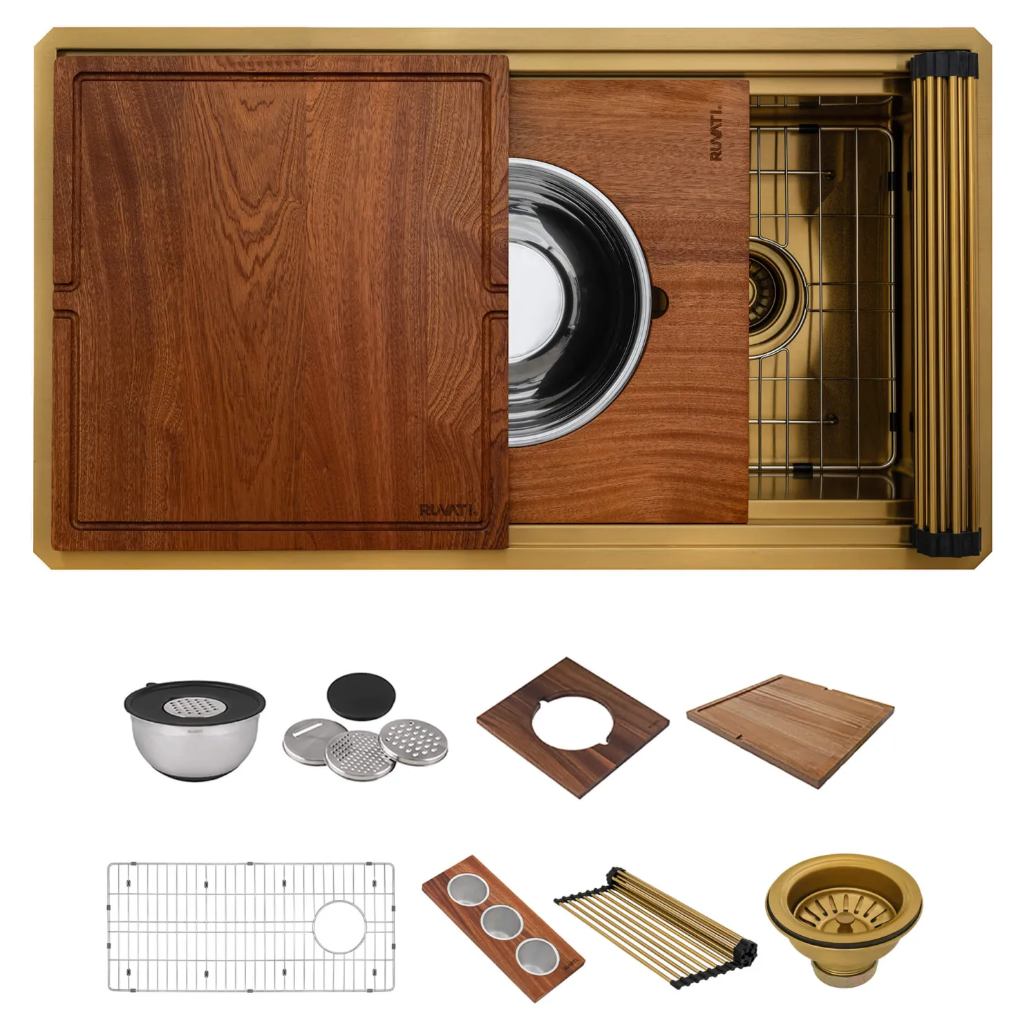 Ruvati 33" Matte Gold Double Ledge Small Radius Stainless Steel Workstation Kitchen Sink