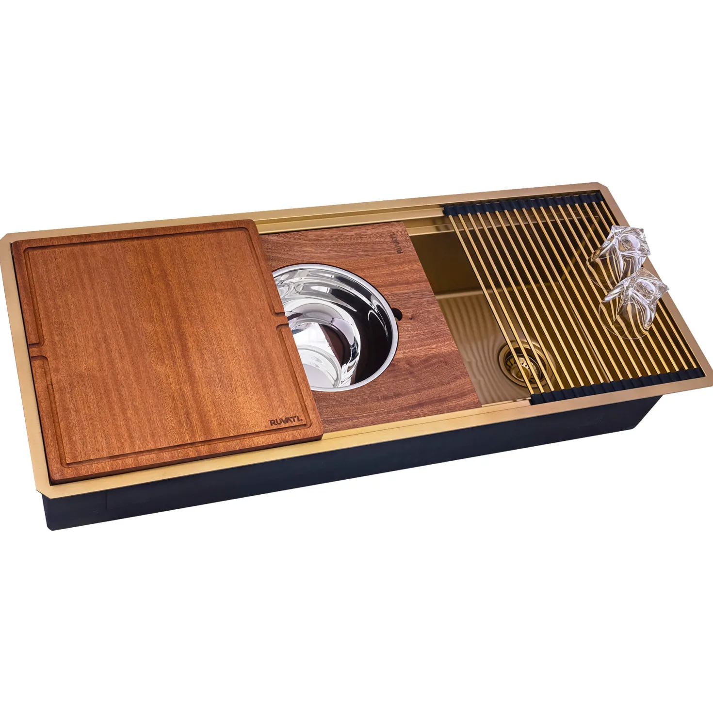 Ruvati 45" Matte Gold Stainless Steel Workstation Two-Tiered Ledge Undermount Kitchen Sink