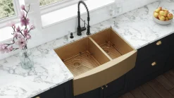 Ruvati 33" Matte Gold Stainless Steel 60/40 Double Bowl Apron Front Farmhouse Kitchen Sink