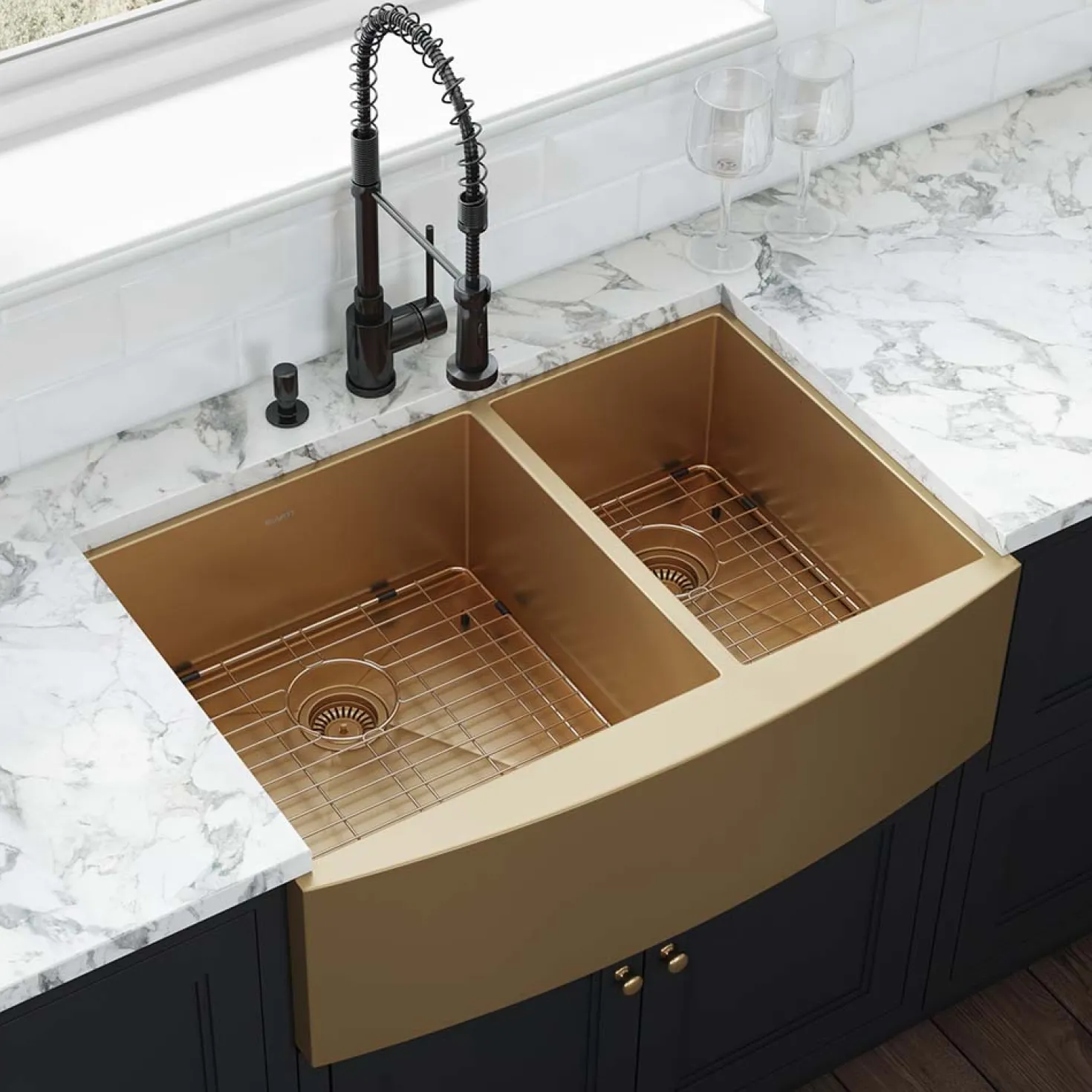 Ruvati 33" Matte Gold Stainless Steel 60/40 Double Bowl Apron Front Farmhouse Kitchen Sink