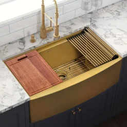 Ruvati 33" Matte Gold Workstation Apron Front Stainless Steel Kitchen Sink