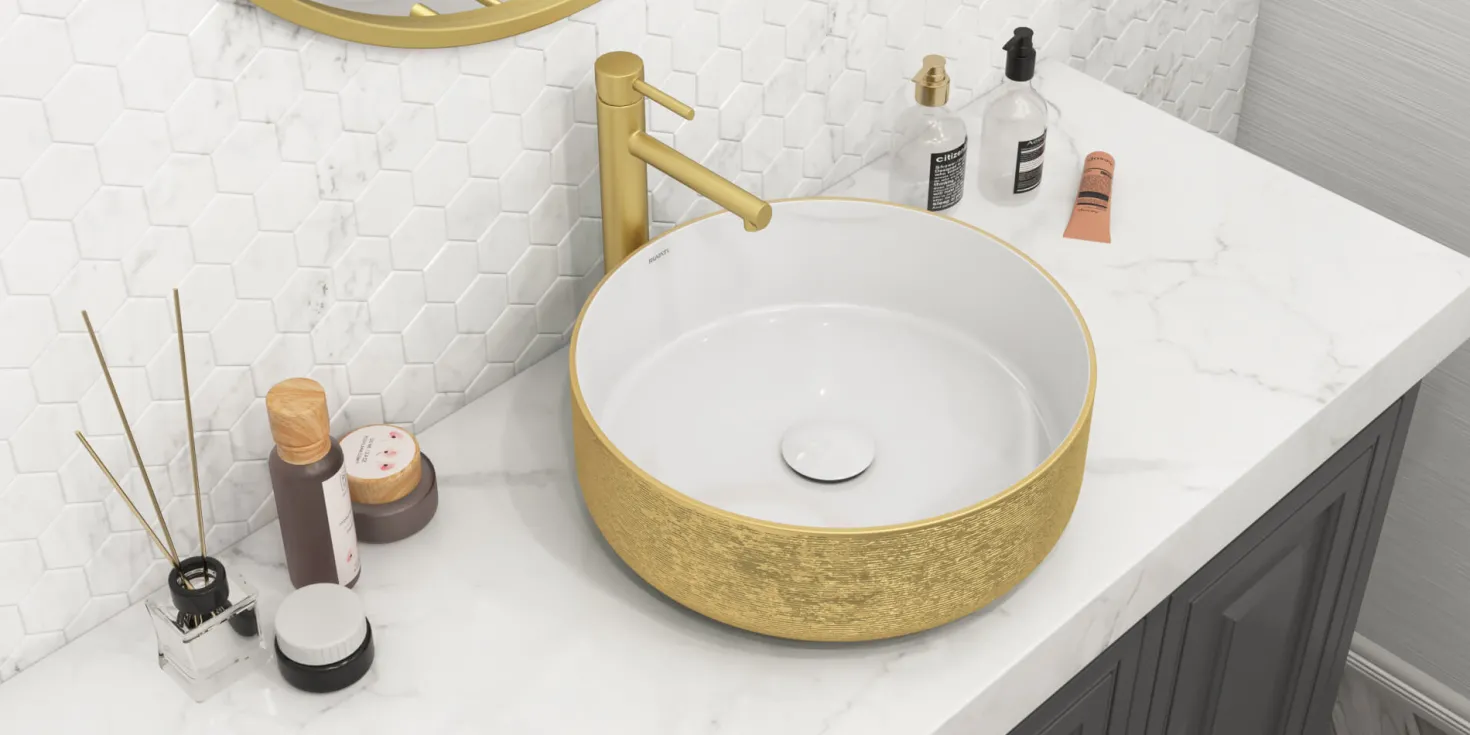 Ruvati 14" Round Bathroom Vessel Sink | White with Gold Exterior