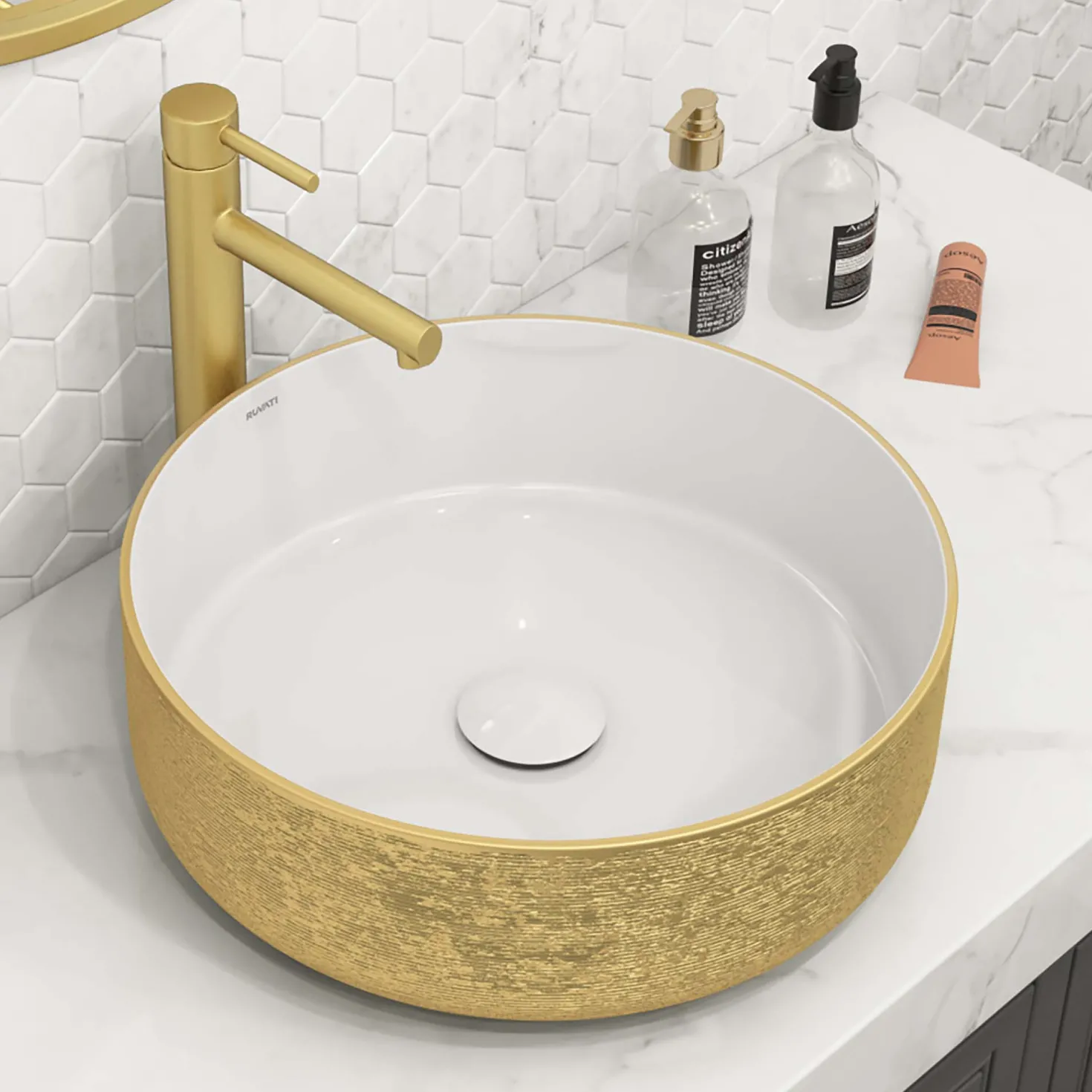 Ruvati 14" Round Bathroom Vessel Sink | White with Gold Exterior