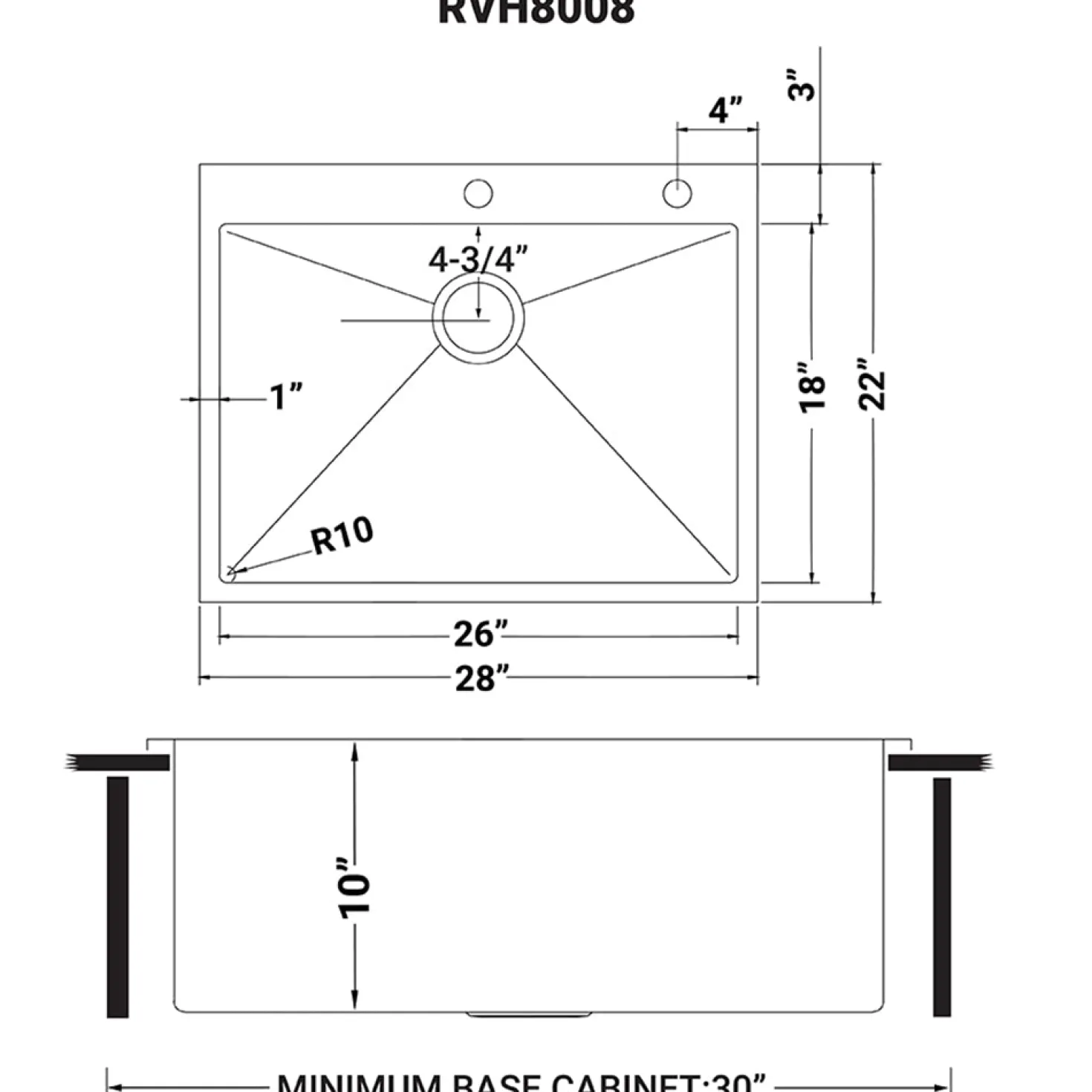 Ruvati RVH8008 28" Drop-in Tight Radius Topmount 16 Gauge Stainless Steel Single Bowl Kitchen Sink