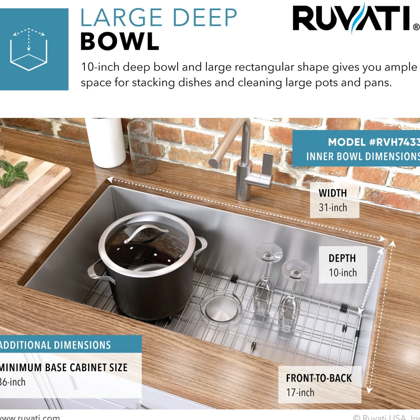 Ruvati RVH7433 33" Undermount 16 Gauge Tight Radius Large Stainless Steel Single Bowl Kitchen Sink