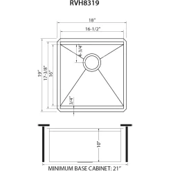 Ruvati RVH8319 18" Undermount 16 Gauge Workstation Prep Sink