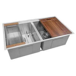 Ruvati RVH8351 33" Workstation Ledge Tight Radius 50/50 Double Bowl Undermount Kitchen Sink