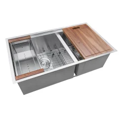 Ruvati RVH8356 33" Workstation Ledge 60/40 Double Bowl Undermount 16 Gauge Stainless Steel Kitchen Sink