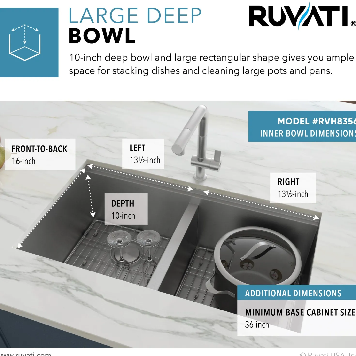 Ruvati RVH8356 33" Workstation Ledge 60/40 Double Bowl Undermount 16 Gauge Stainless Steel Kitchen Sink