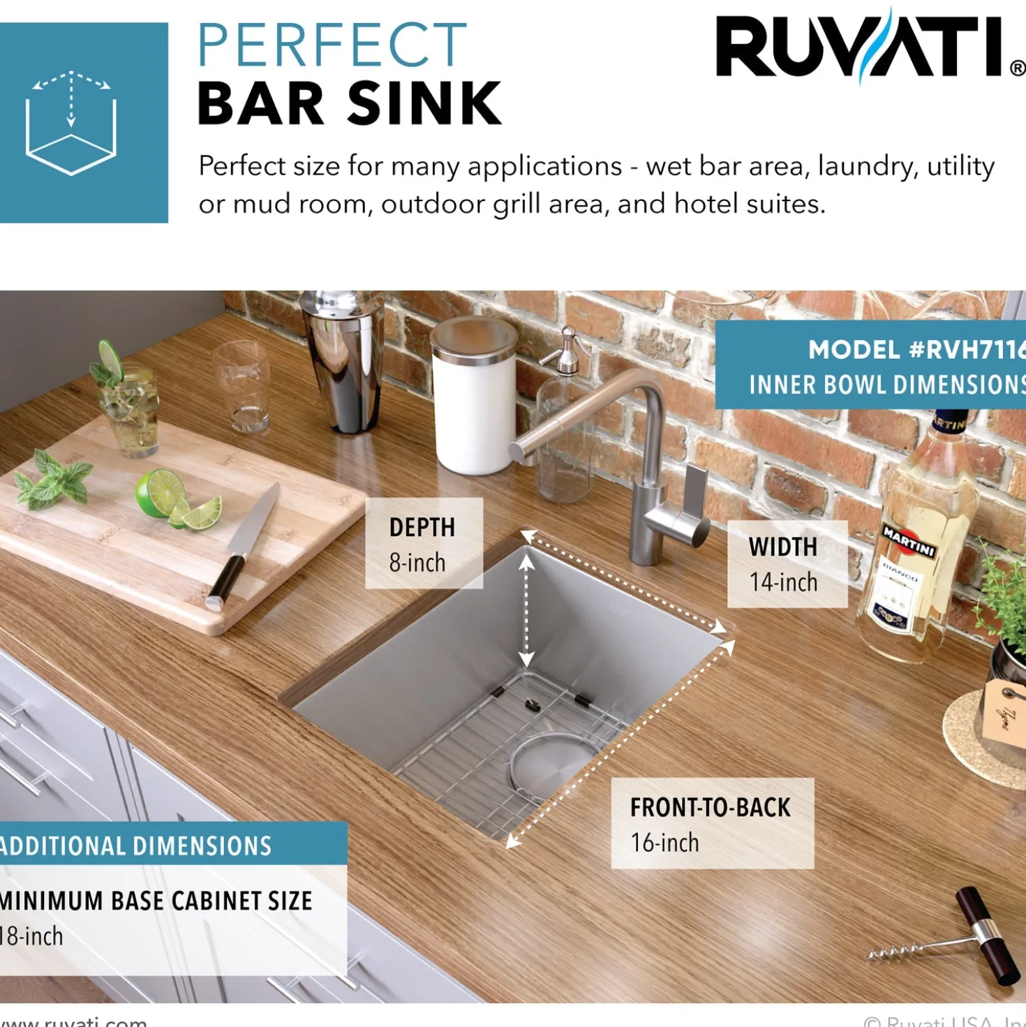 Ruvati RVH7116 16 x 18" Undermount Bar Prep Tight Radius 16 Gauge Stainless Steel Single Bowl Kitchen Sink