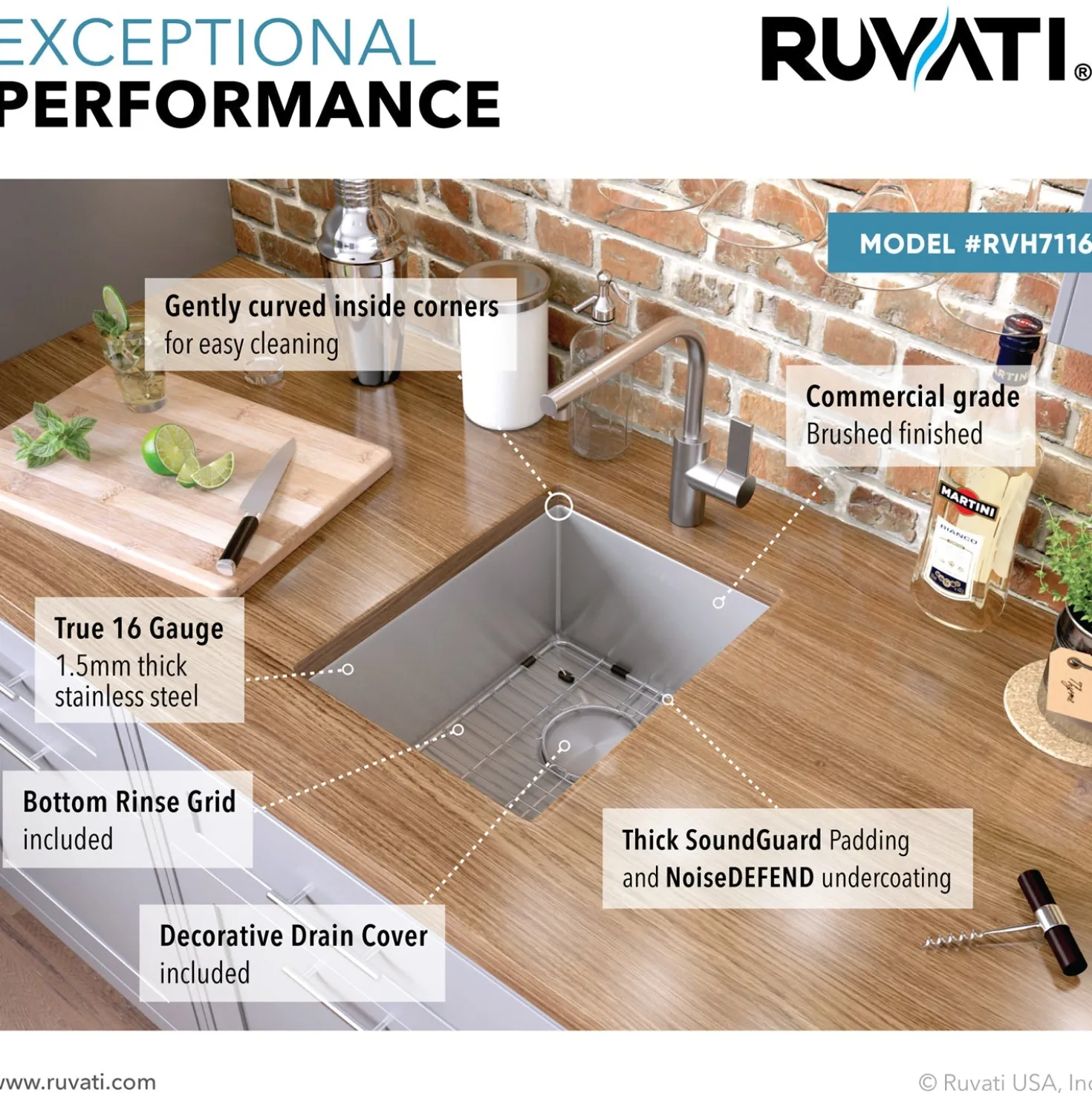 Ruvati RVH7116 16 x 18" Undermount Bar Prep Tight Radius 16 Gauge Stainless Steel Single Bowl Kitchen Sink