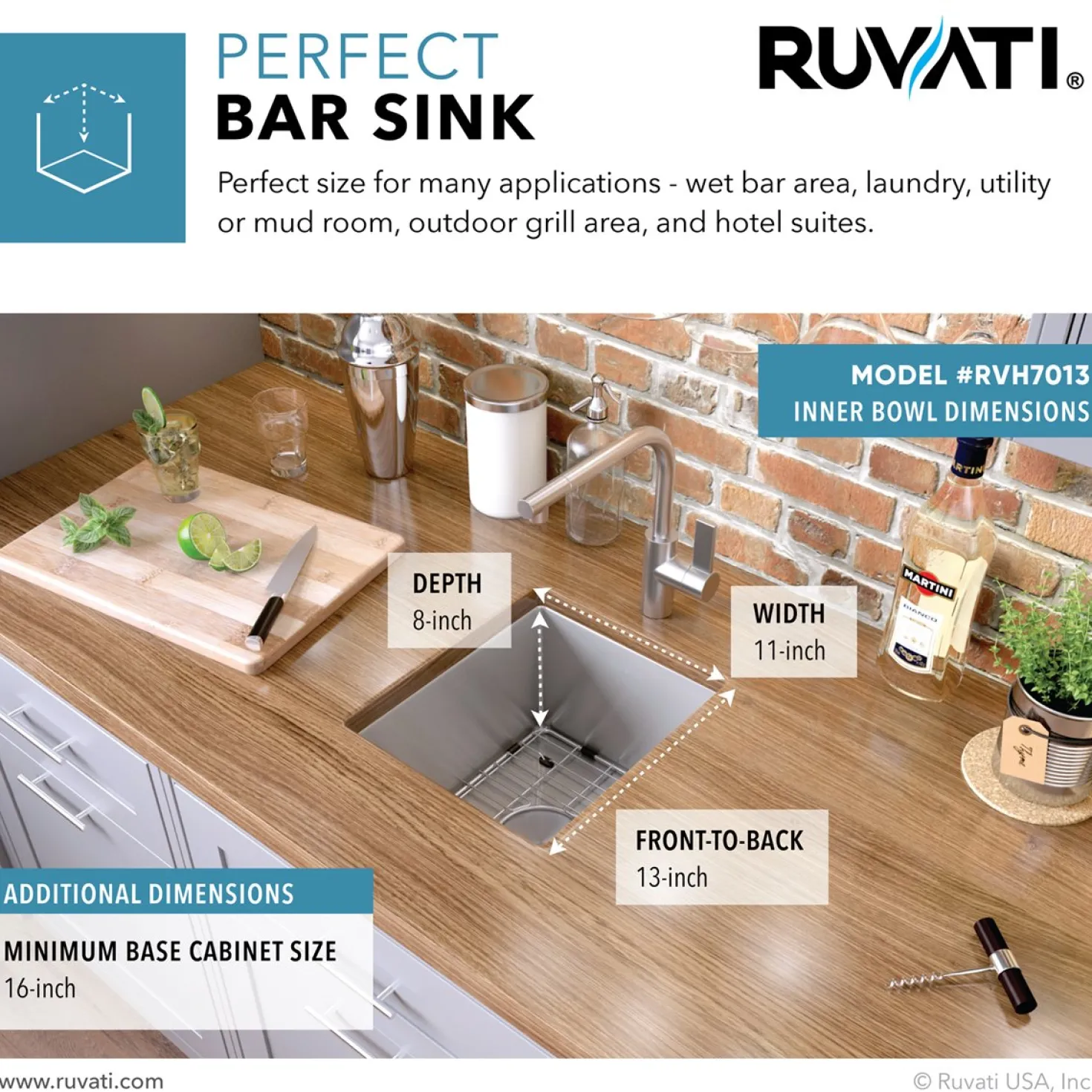 Ruvati RVH7013 13 x 15" Undermount Bar Prep Tight Radius 16 Gauge Stainless Steel Single Bowl Kitchen Sink