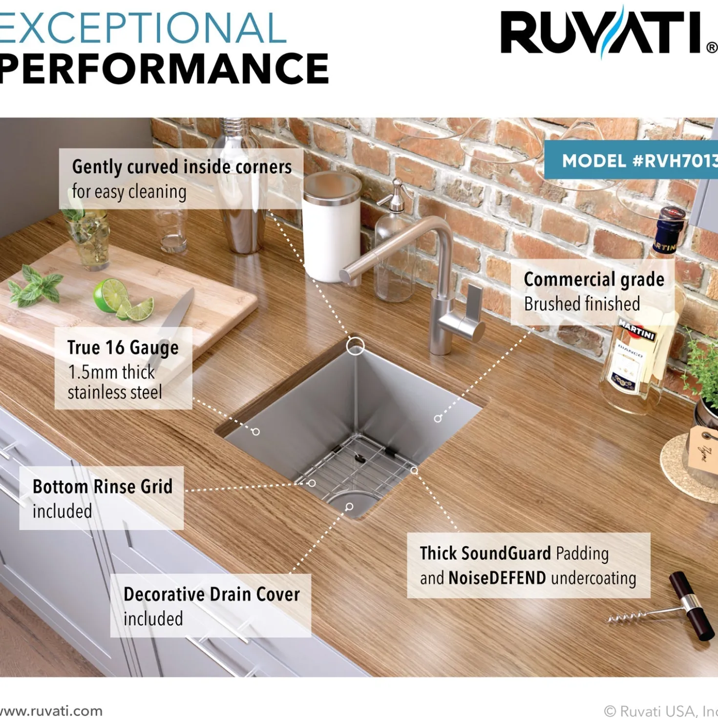 Ruvati RVH7013 13 x 15" Undermount Bar Prep Tight Radius 16 Gauge Stainless Steel Single Bowl Kitchen Sink