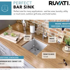 Ruvati RVH7115 15 x 15" Undermount 16 Gauge Zero Radius Single Bowl Bar Prep Square Kitchen Sink